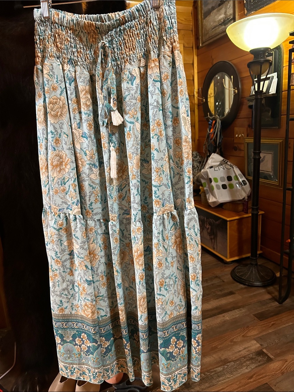 Boho Floral Tiered Maxi Skirt - Blue & Tan